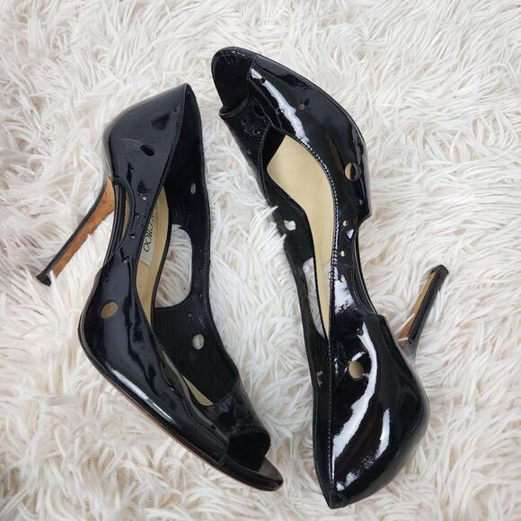 Jimmy Choo london patent open toe shoes Sz  40 black leather pump 4" Heels - Picture 2 of 6